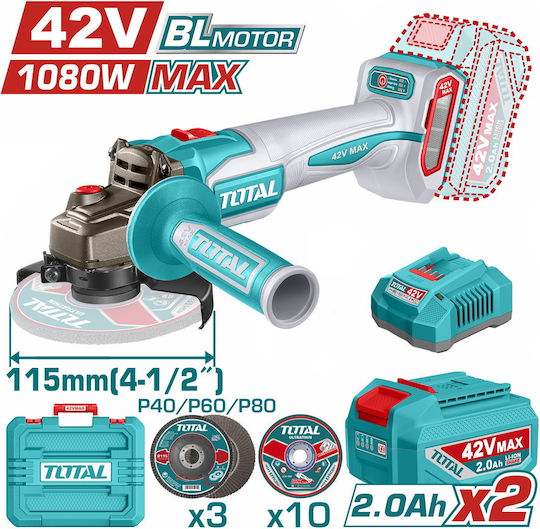 Total TAGLI4108112E Grinder 115mm Battery Brushless with Speed Control 2x2Ah