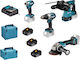 Makita DLX4195JX1 Σετ Γωνιακός Τροχός, Κρουστικό Δραπανοκατσάβιδο, Παλμικό Κατσαβίδι & Πιστολέτο 18V με 3 Μπαταρίες 5Ah και Θήκη