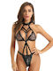 Mesh Pu Stitching Dessous Bodysuit Schwarz