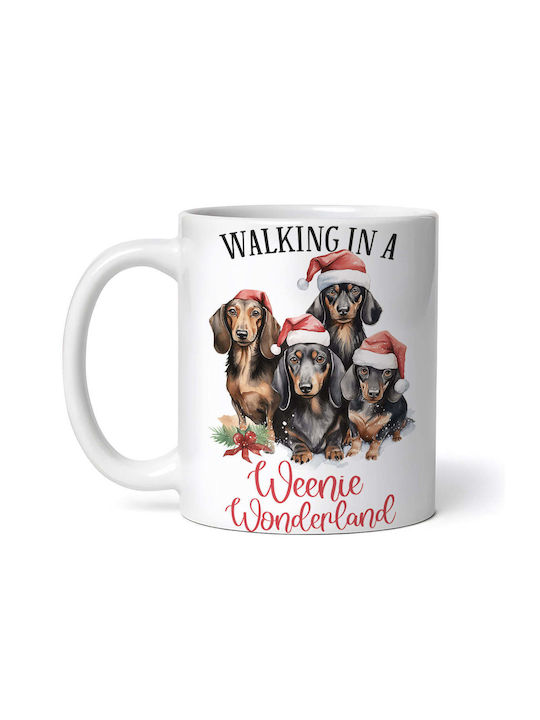 Walking In A Weenie Wonderland Ornament de masă de Crăciun Cană Alb