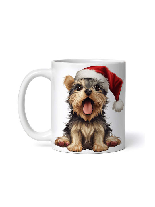 Yorkshire Terrier With Christmas Hat Ornament de masă de Crăciun Cană Alb