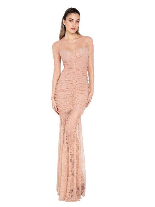 Maxi Dress for Wedding Christening Drape with Lace Pink