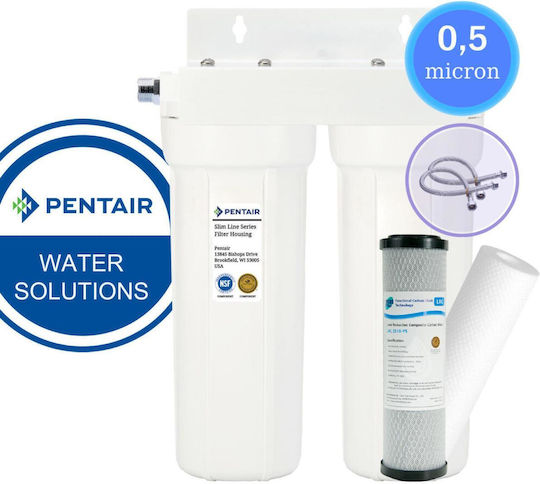 Pentair 2G Slimline Water Filtration System Double Under Sink Micron ½" with Faucet & Replacement Filter 57-0083/6
