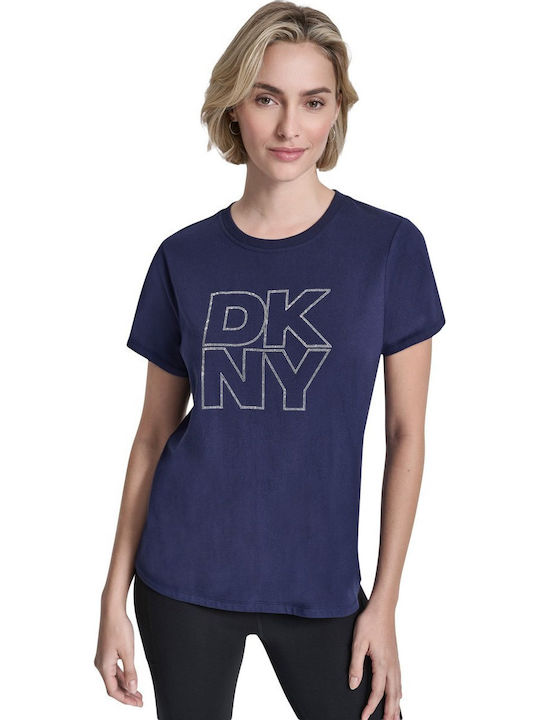 DKNY Logo Women's Blouse Cotton Short Sleeve Blue