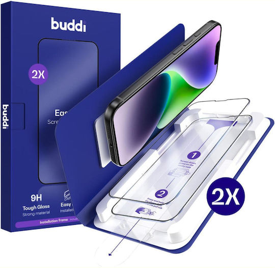 Tempered Glass iPhone 16e 14 13 13 Pro Buddi Easy Fit Full Face Scratch Resistant Screen Protector 2 Pieces Black