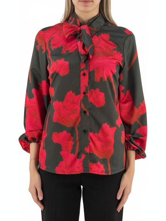 Women's Satin Floral Long Sleeve Shirt Red