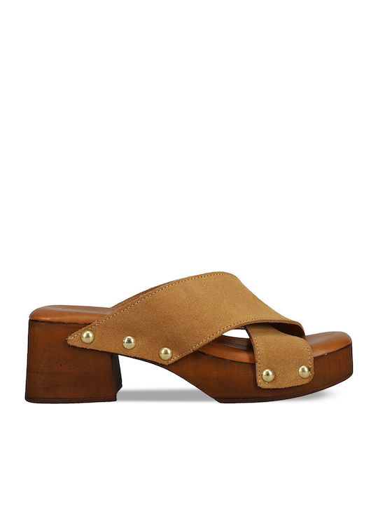 Leather Mules with Chunky Heel in Brown Color