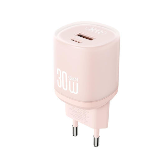 XO Зарядно без кабел с USB-A порт и USB-C порт 30W Quick Charge 3.0 Розов (L151)