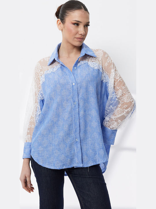 Langärmelig Damen Denim Hemd Hellblau