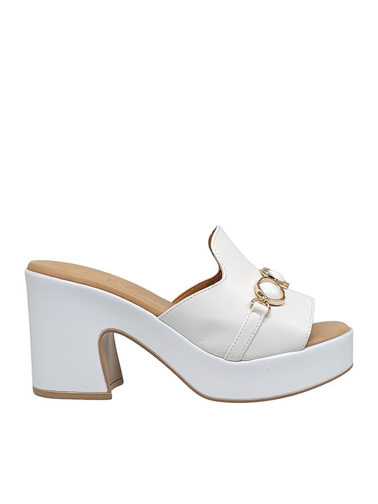 Leather Mules with Chunky Low Heel in White Color