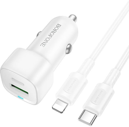 Borofone Автомобилен Зарядно Устройство 38W с Бързо Зареждане с Портове 1xUSB-A 1xType-C с Кабел Lightning / Type-C Бял Цвят
