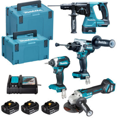 Makita DLX4192TJ Σετ Γωνιακός Τροχός, Κρουστικό Δραπανοκατσάβιδο, Παλμικό Κατσαβίδι & Πιστολέτο Brushless 18V με 3 Μπαταρίες 5Ah και Θήκη