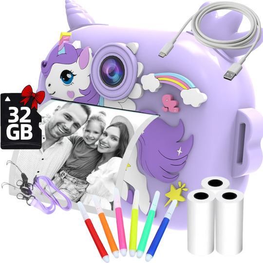 Cameră Pentru Copii Smartic Hd 1080p Rezoluție Baterie 1100mah Ecran 2.4 Inch Card Memorie 32 Gb Funcție Imprimare Instantanee 4 Jocuri 4 Role de Imprimare Mp3 Mod Selfie 6 Markere