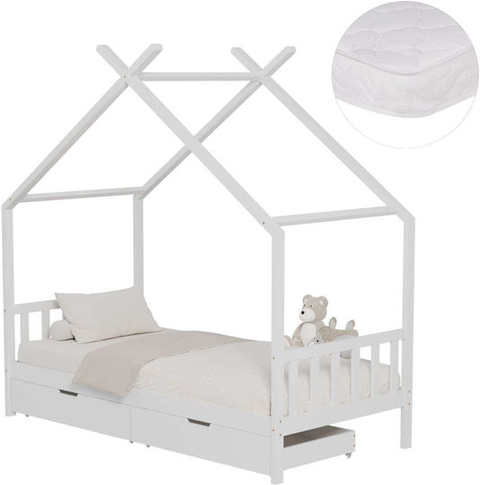 Pat Pentru Copii Clasic Single Cu Saltea Și Spațiu De Stocare Alb 90x190cm