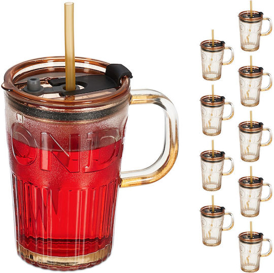 Relaxdays Set Pahare Cafea Freddo Din Sticlă Maro Cu Pai 10 Bucăți