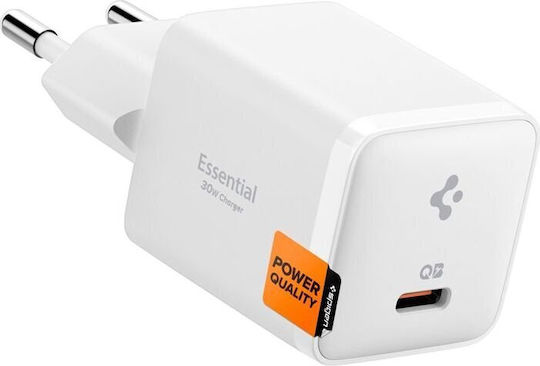 Spigen Зарядно без кабел с USB-C порт 30W Quick Charge 2.0 / Quick Charge 3.0 Бял (Essential)