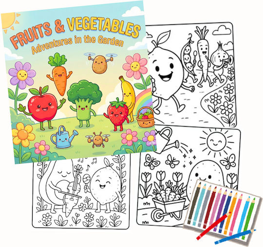 Obro Carte De Colorat Pentru Copii Fructe Și Legume Amuzante 40 Ilustrații Pagini Groase 21 X 21 Cm