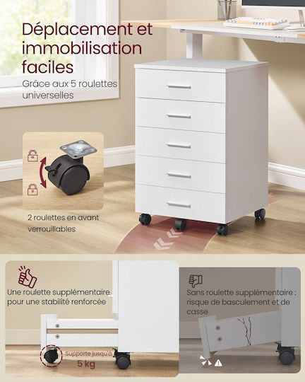 Office Storage Drawer with Wheels & Drawers Λευκό Χρώμα L40xW42xH65.7cm