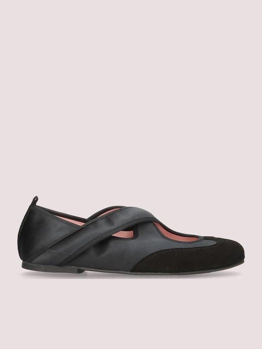 Rosario Leather Women's Ballerina Shoes with Strap in Black Color