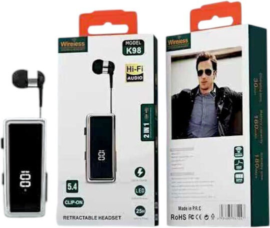 K98 In-ear Bluetooth Handsfree Ακουστικό Πέτου Ασημί