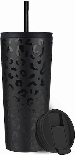 Cool'NMore Stainless Steel Thermos Glass BPA Free 500ml Black Leopard with Straw with 2 Lids