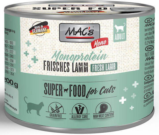 Mac's Υγρή Τροφή για Γάτες σε Κονσέρβα με Αρνί 200gr