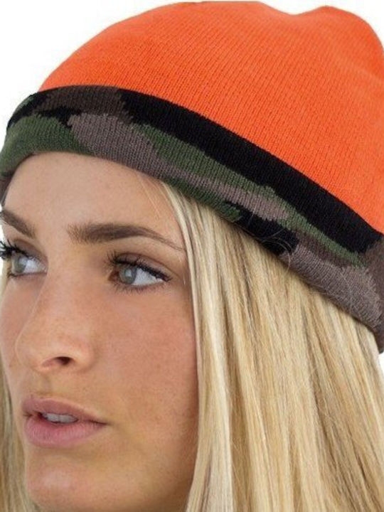 Beanie Unisex Reversible Σκούφος Πλεκτός σε Πορτοκαλί χρώμα