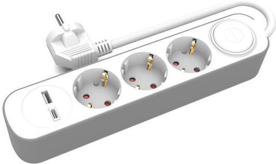 Plastrol Πολύπριζο 3 Θέσεων με USB-A, USB-C, Διακόπτη και Καλώδιο 1.5m