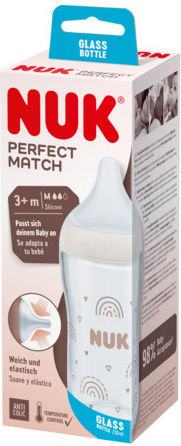 Nuk Γυάλινο Μπιμπερό Perfect Match Κατά των Κολικών με Θηλή Σιλικόνης για 3+ μηνών Λευκό 230ml