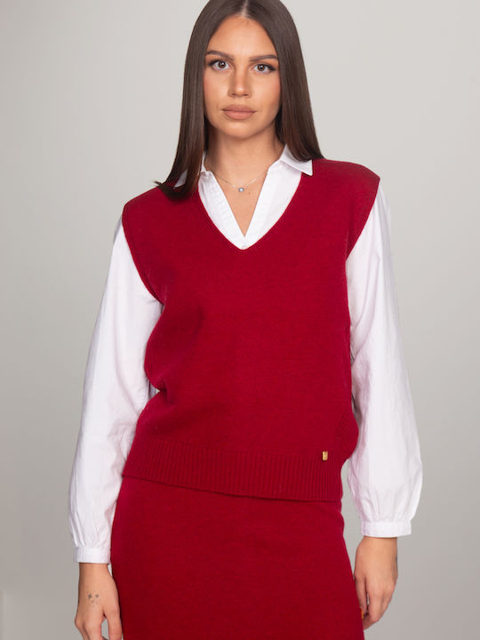 Winter Women's Sleeveless Tunic with V-Neck Dark Red