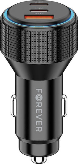 Forever Încărcător Auto 66W Încărcare Rapidă cu Porturi: 1xUSB 2xType-C Negru Culoare