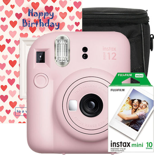 Fujifilm Instax Mini 12 Instant Cameră Analogică cu Husă de Protecție Felicitare și 10 Filme Roz