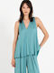 Damen Bluse Satin Ärmellos mit V-Ausschnitt Teal