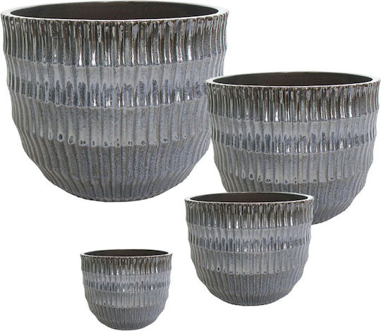 Set of 4 Gray Round Embossed Clay Plant Pots S:φ16.5x13.5 M:φ22x18 L:φ28.5x24 XL:φ36x29.5cm 63/old