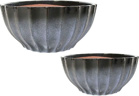 Set of 2 Clay Plant Pot Bowls Anthracite Oval Ribbed S:φ25.5x12.5 L:φ31x15.5cm 2/kib