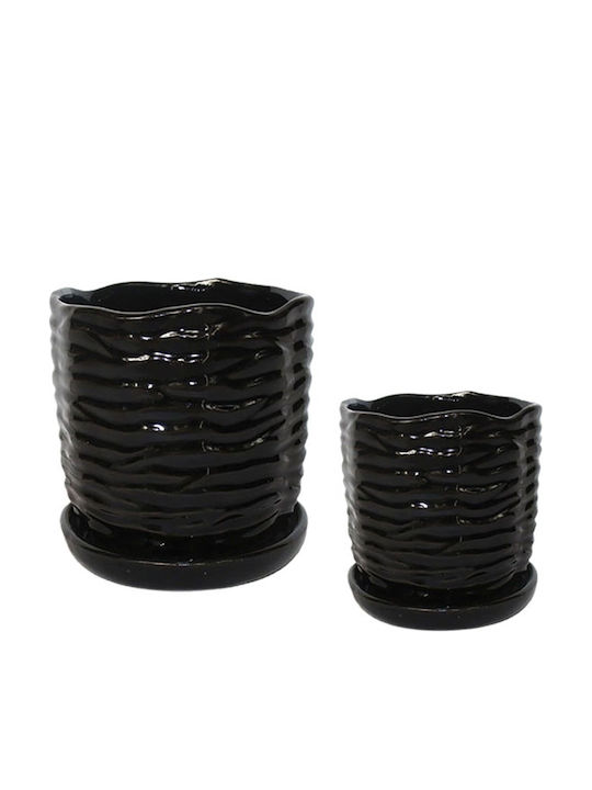 Set of 2 Clay Plant Pots with Ridges and Saucers S:φ13.5x14.5 M:φ19x18.5cm 4/kib