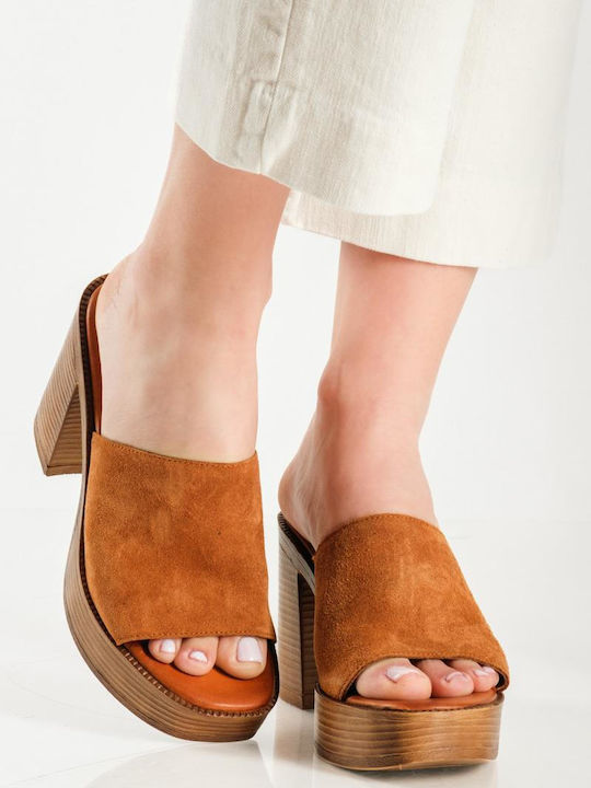 Baroque Suede Mules with Heel in Tabac Brown Color