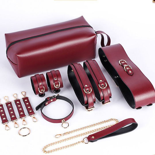 Smd House Discipline Luxury Bdsm Set Collar & Leash Wrist Ankle Cuffs Ball-gag Blindfold + Storage Bag Burgundy