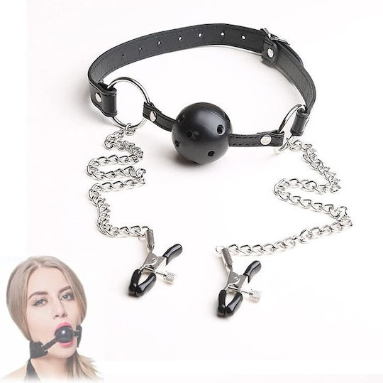 Smd Broken Will Silicone Breathable Ball Gag Chained Nipple Clamps Bdsm Set Φίμωτρο Σφιγκτήρες Θηλών Black