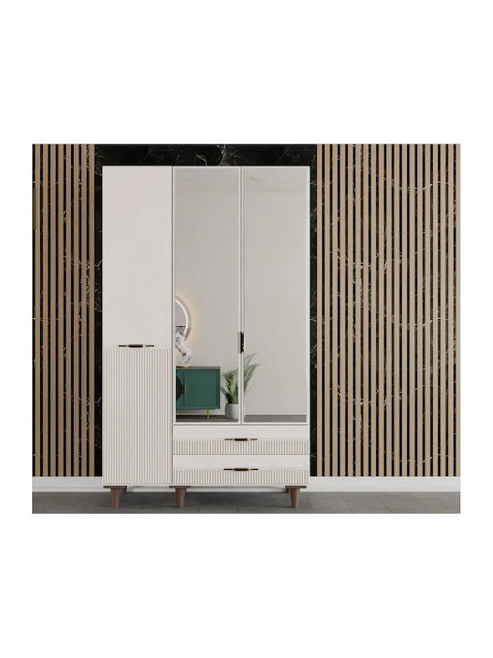 Dreifachtür Kleiderschrank Weiß Gestreifte Türen & Spiegel 120×54×208cm