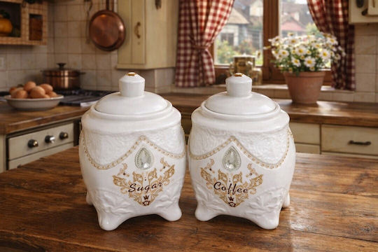 Galifas Set 2 Stück Lebensmittelgläser für Zucker / Kaffee mit Deckel aus Porzellan Braun 9x17cm
