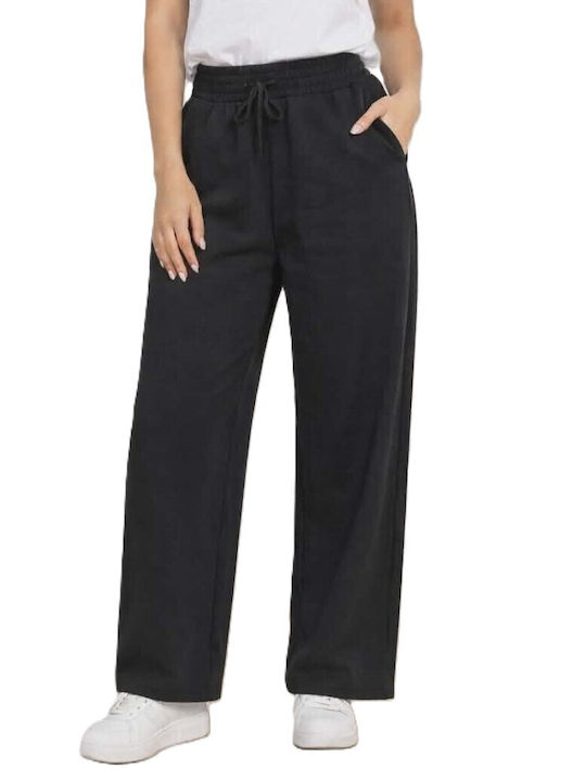Women's Fabric Trousers with Elastic in Loose Fit Black