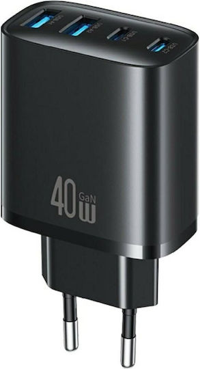 Usams Charger Without Cable with 2 USB-A Ports and 2 USB-C Ports 40W Power Delivery Blacks (T70)