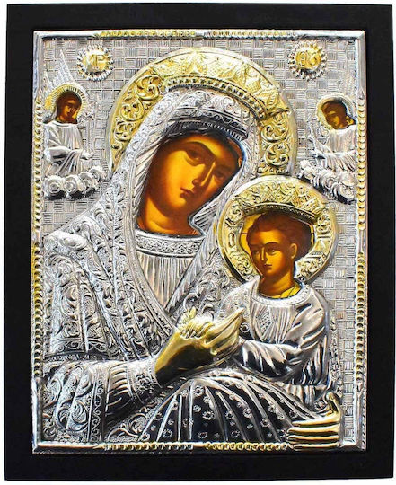 Silver Icon Holy Mary Angels Black Wood 23x28cm