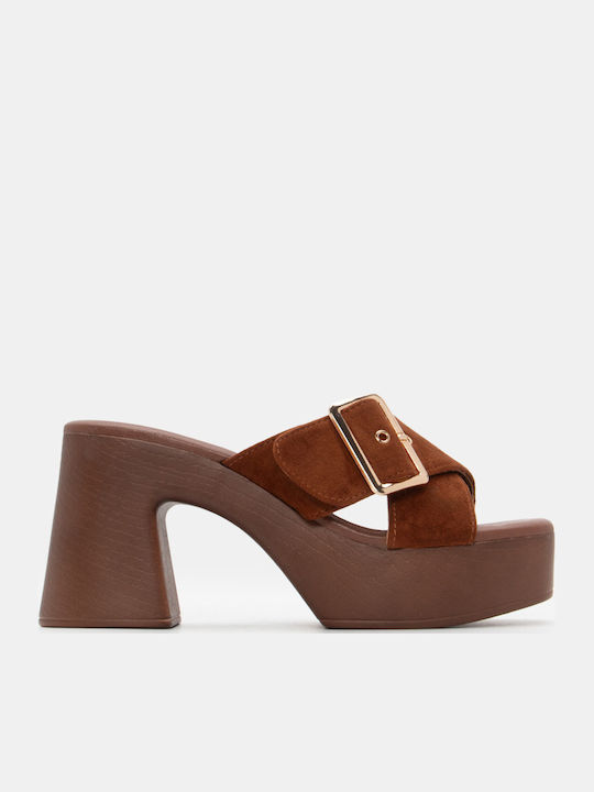 Women's Mules with Chunky High Heel in Brown Color