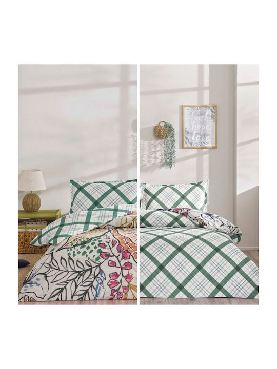 Tac Set Husă de Pilotă Bumbac Dublă cu 2 Fețe de Pernă & 1 Cearsaf 200x220 Greeny Green