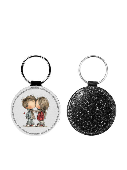 Breloc Rotund Din Piele Ziua Îndrăgostiților Cupluri Glitter Negru