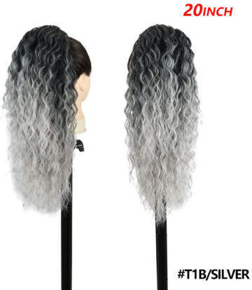 Ponytail Gkm Human Hair Keratin Kanekalon No Frizz No Shine No Tangle Curly Nest System 50cm Code #t1b/silver