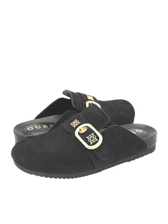 Flach Leder Mules in Schwarz Farbe