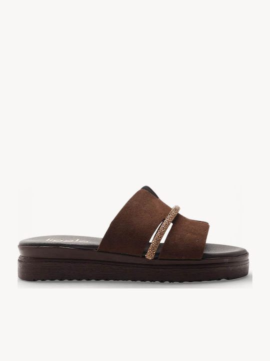 Καφέ Flatform Παντόφλες Strass Λεπτομέρεια